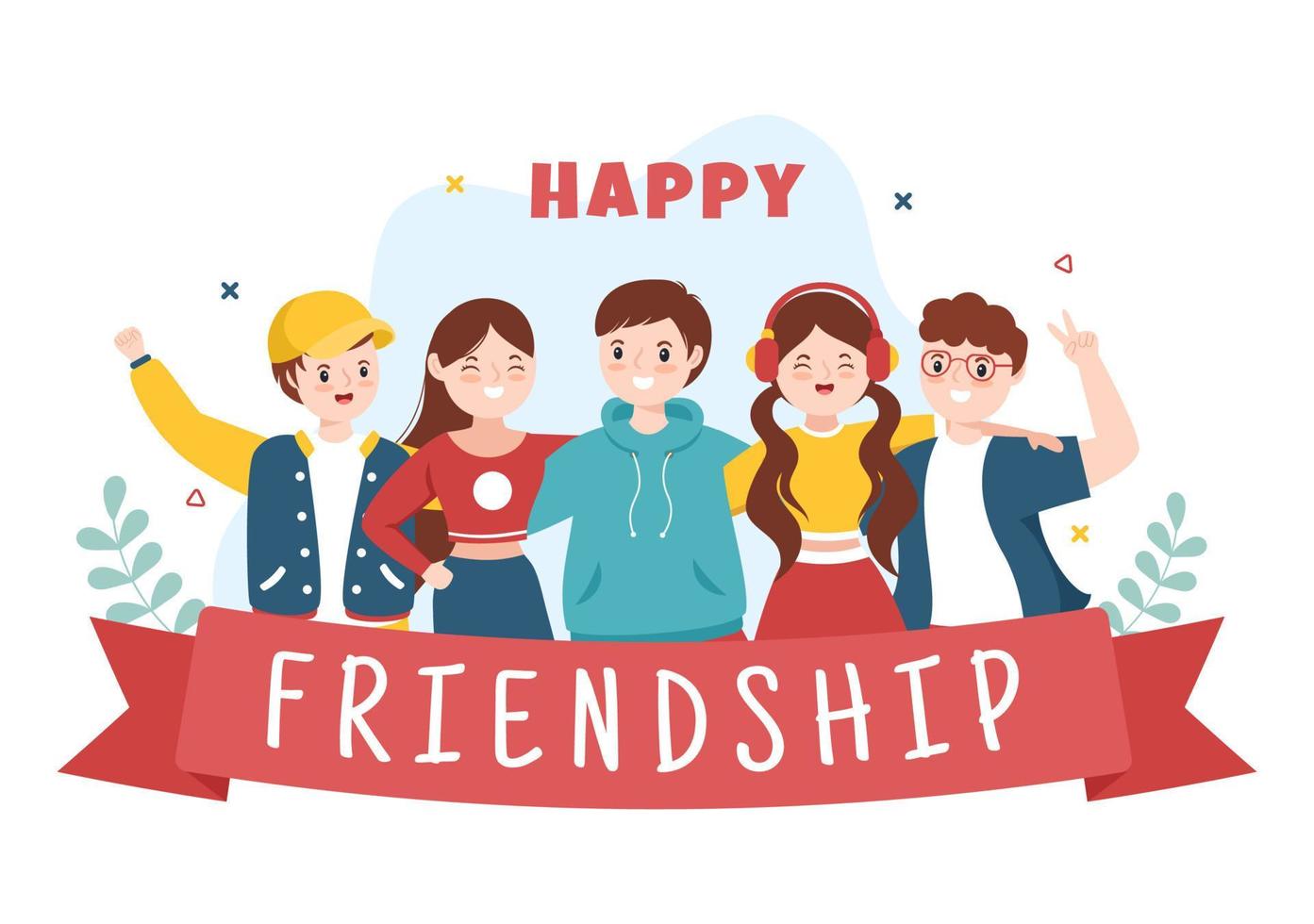 felice giorno dell'amicizia simpatico cartone animato illustrazione con giovani ragazzi e ragazze di abbracciarsi o mettere le mani in stile piatto vettore