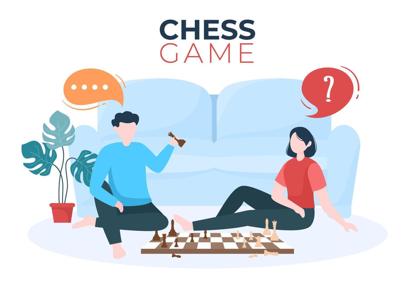 illustrazione di sfondo del fumetto del gioco da tavolo di scacchi con due persone sedute l'una di fronte all'altra e che giocano per attività hobby in stile piatto vettore
