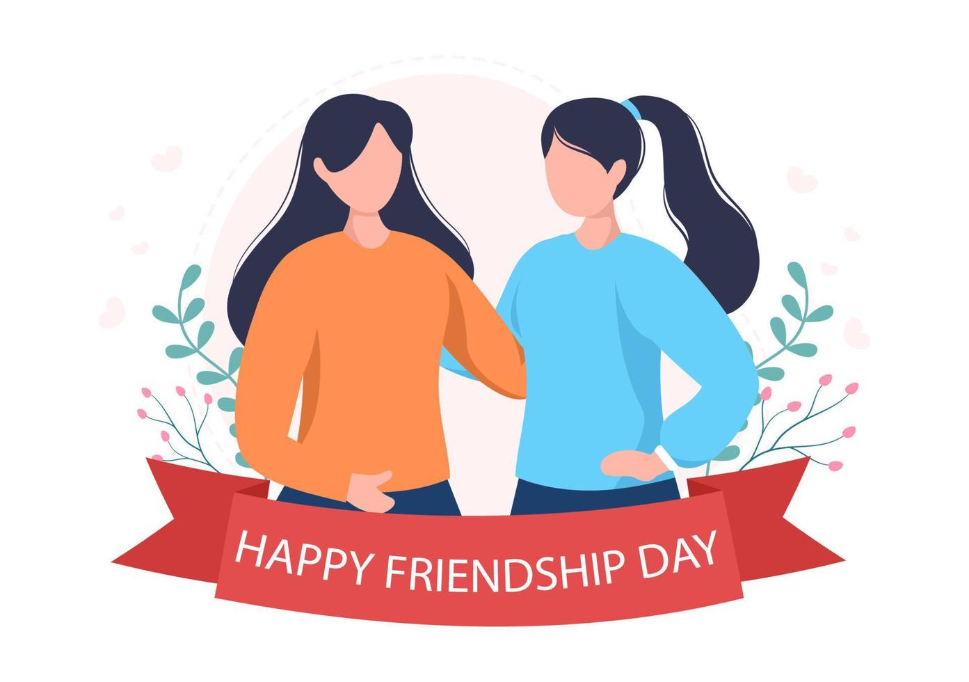 felice giorno dell'amicizia simpatico cartone animato illustrazione con giovani ragazzi e ragazze di abbracciarsi o mettere le mani in stile piatto vettore
