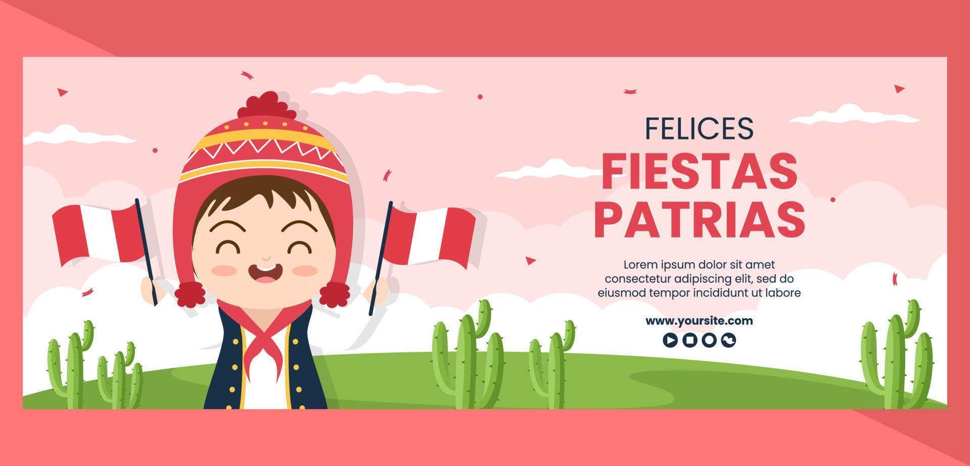 fiestas patrias perù landing pagemodello social media piatto cartone animato sfondo illustrazione vettoriale