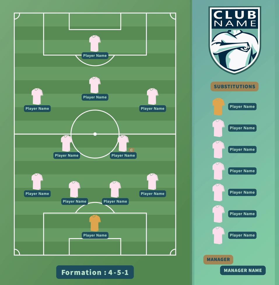 formazioni di calcio, schema di formazione 4-5-1 dei giocatori di football su un'illustrazione del campo di calcio. vettore