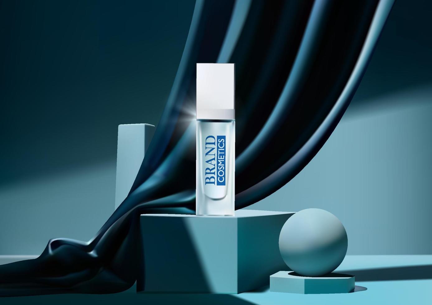 annuncio di prodotti di bellezza sul podio con flusso di tessuto di seta blu. annuncio di prodotti cosmetici, packaging di lusso vettore