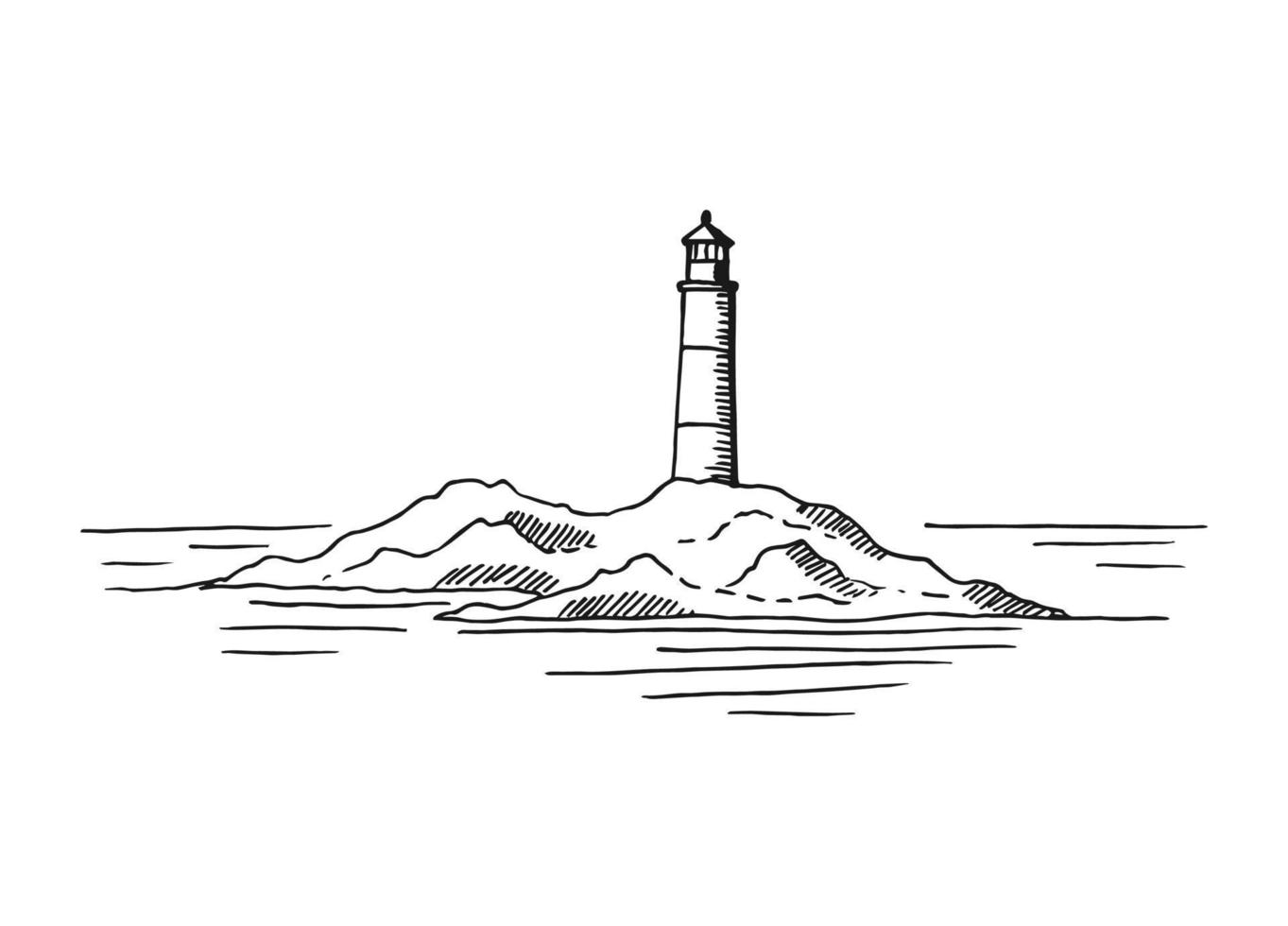 paesaggio marino. faro. illustrazione disegnata a mano convertita in vettore. vettore grafico dell'illustrazione dello schizzo del paesaggio della costa del mare.