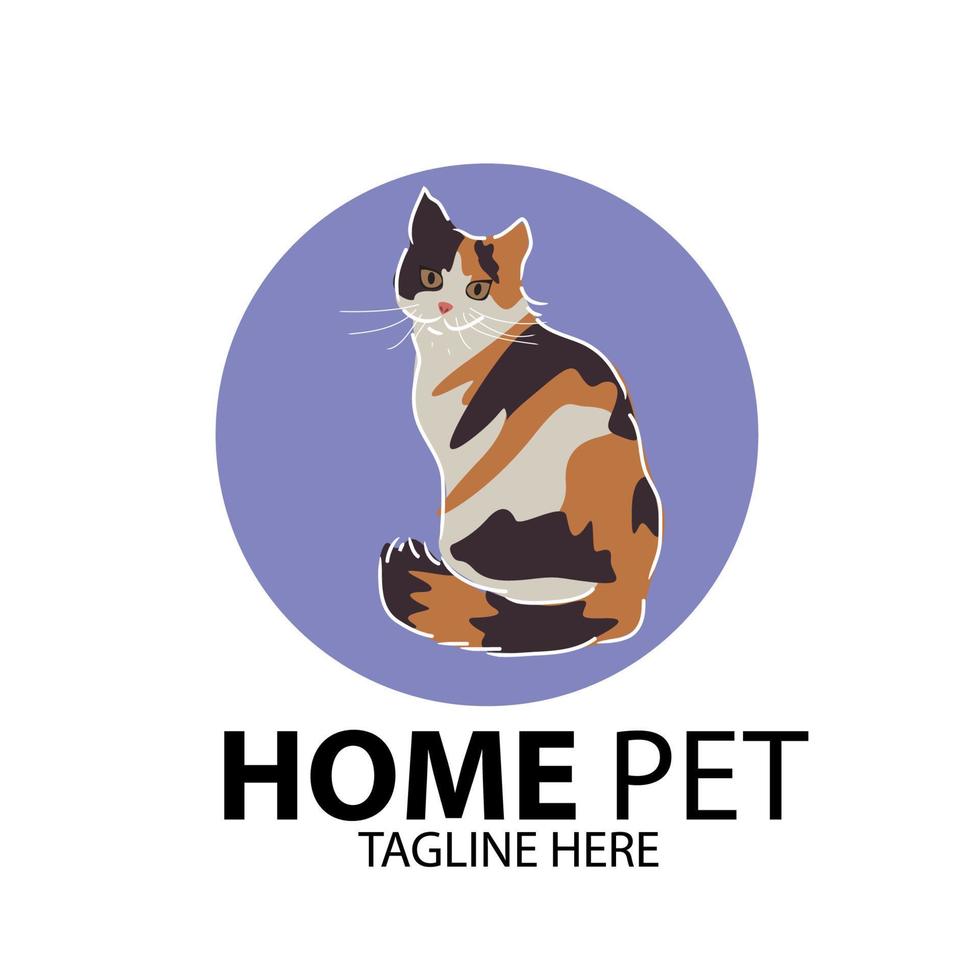 simpatico gatto a strisce seduto lateralmente logo design modello vettoriale stile allegro. icona del concetto di logotipo del negozio di clinica per animali domestici a casa