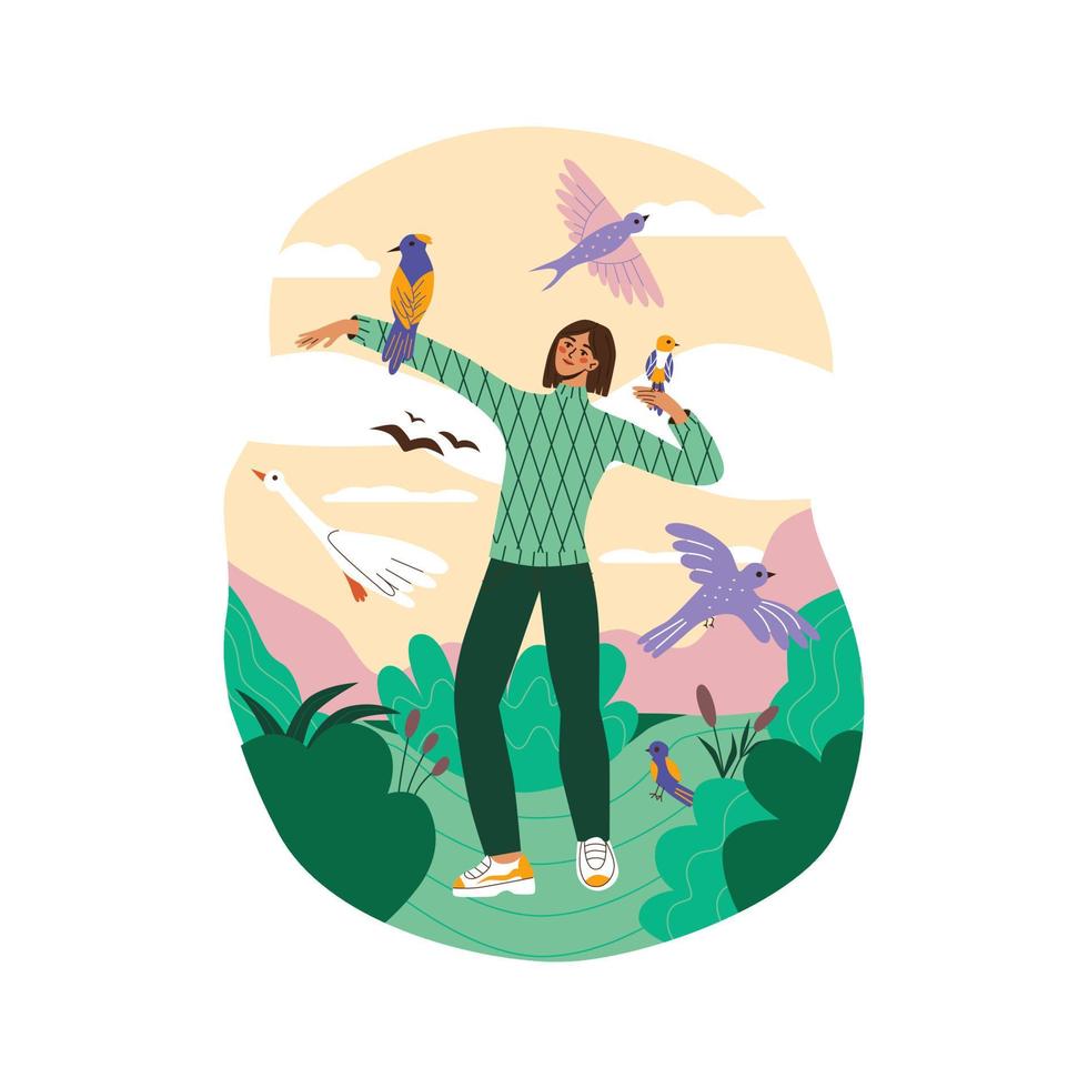 illustrazione vettoriale piatta per birdwatching o ornitologia. la donna ha hobby ecologici, attività all'aperto, turismo locale, escursioni per il tempo libero ricreative, birdwatching.