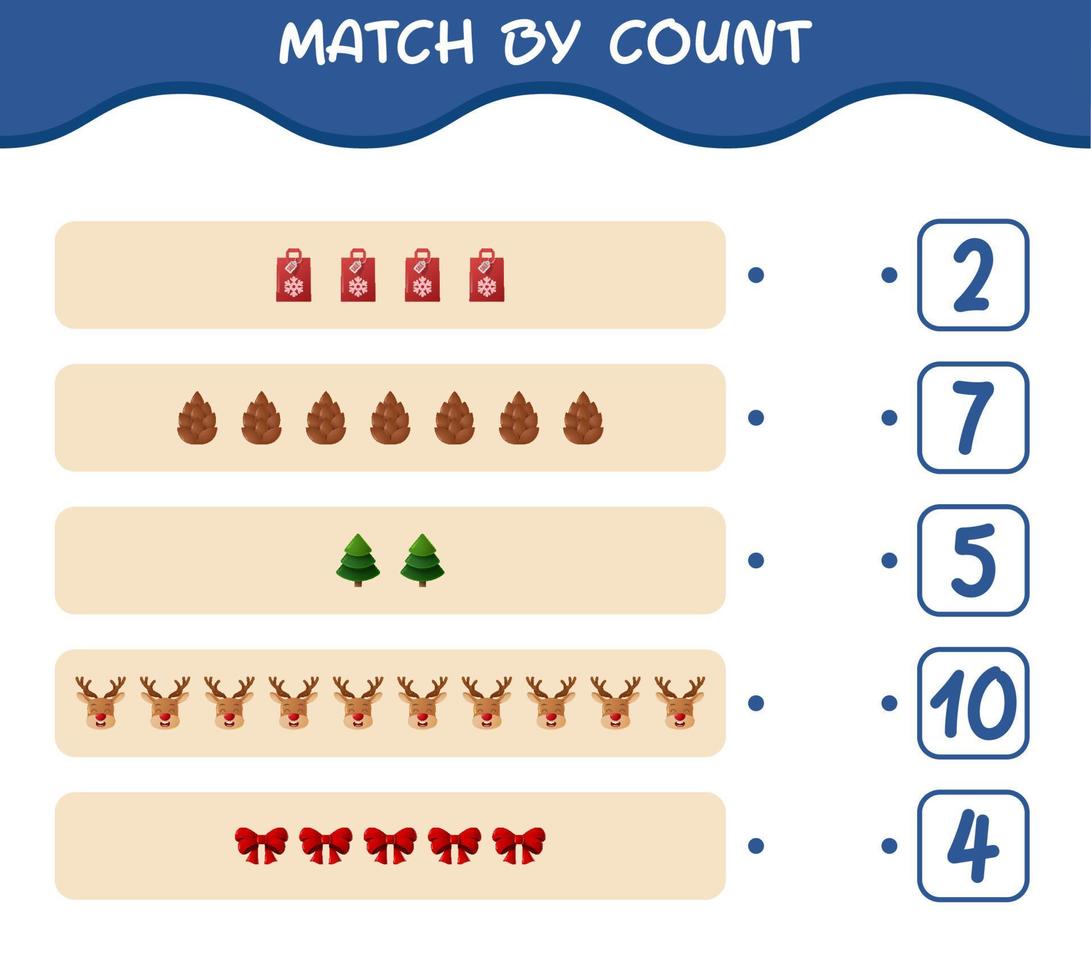 partita per conteggio di natale dei cartoni animati. . partita e conteggio del gioco. gioco educativo per bambini e bambini in età prescolare vettore