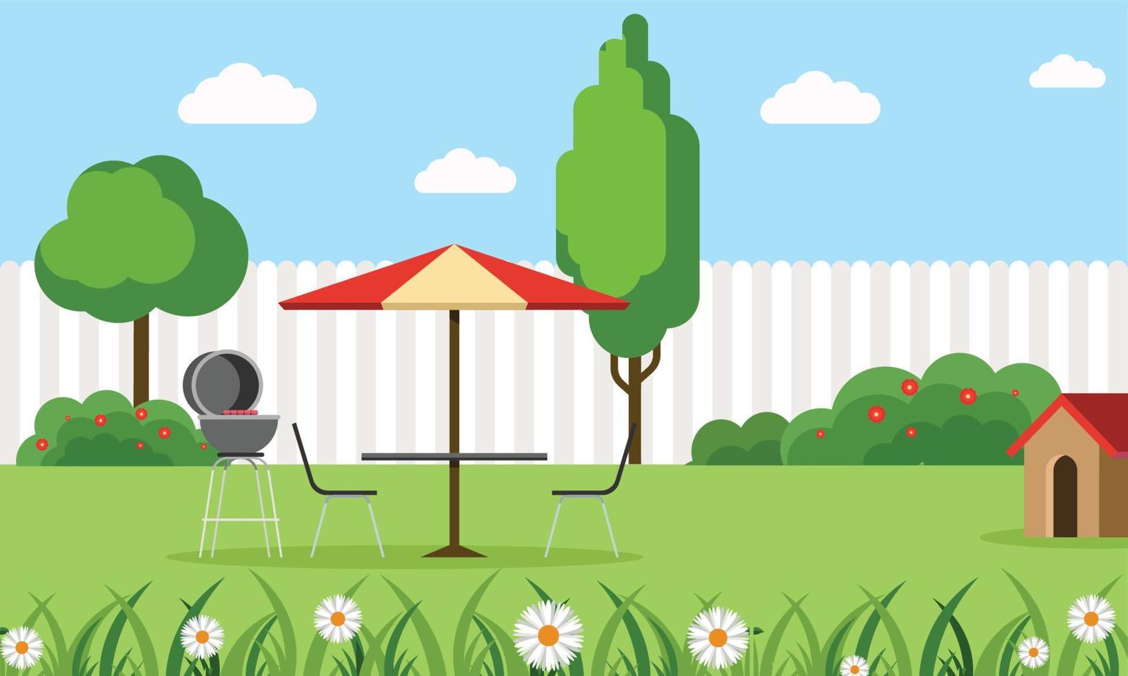 illustrazione piatta del cortile con una tavola apparecchiata per barbecue vettore