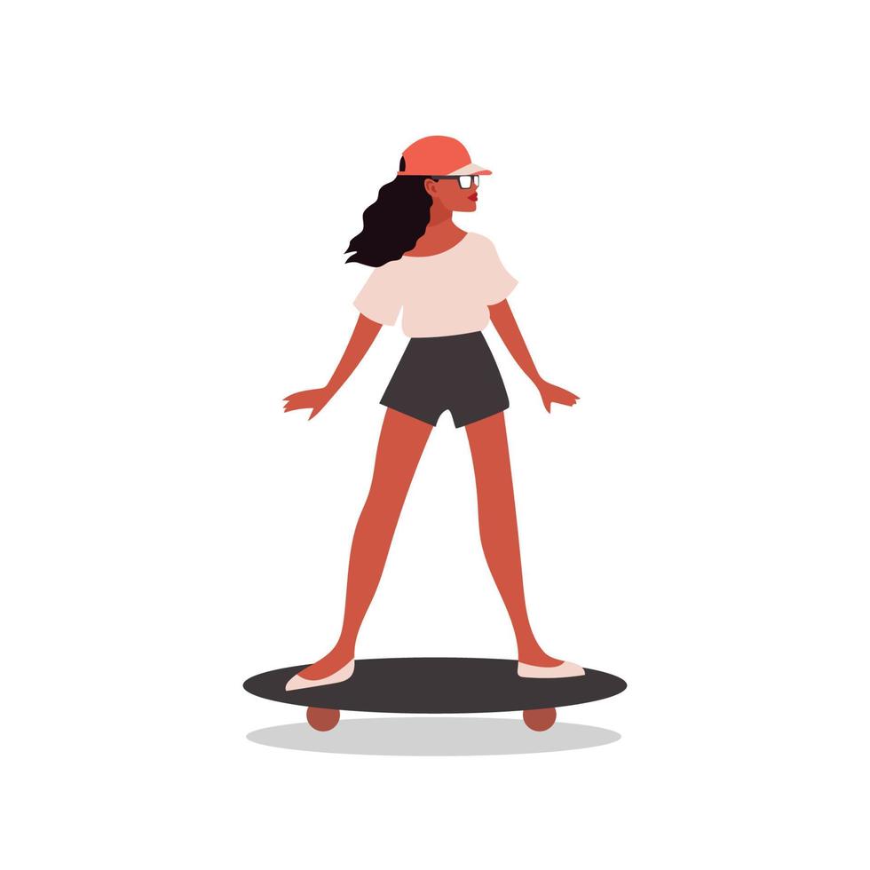 illustrazione in stile piatto di skateboarder. illustrazione carina della ragazza che corre. personaggio dei cartoni animati su sfondo bianco vettore
