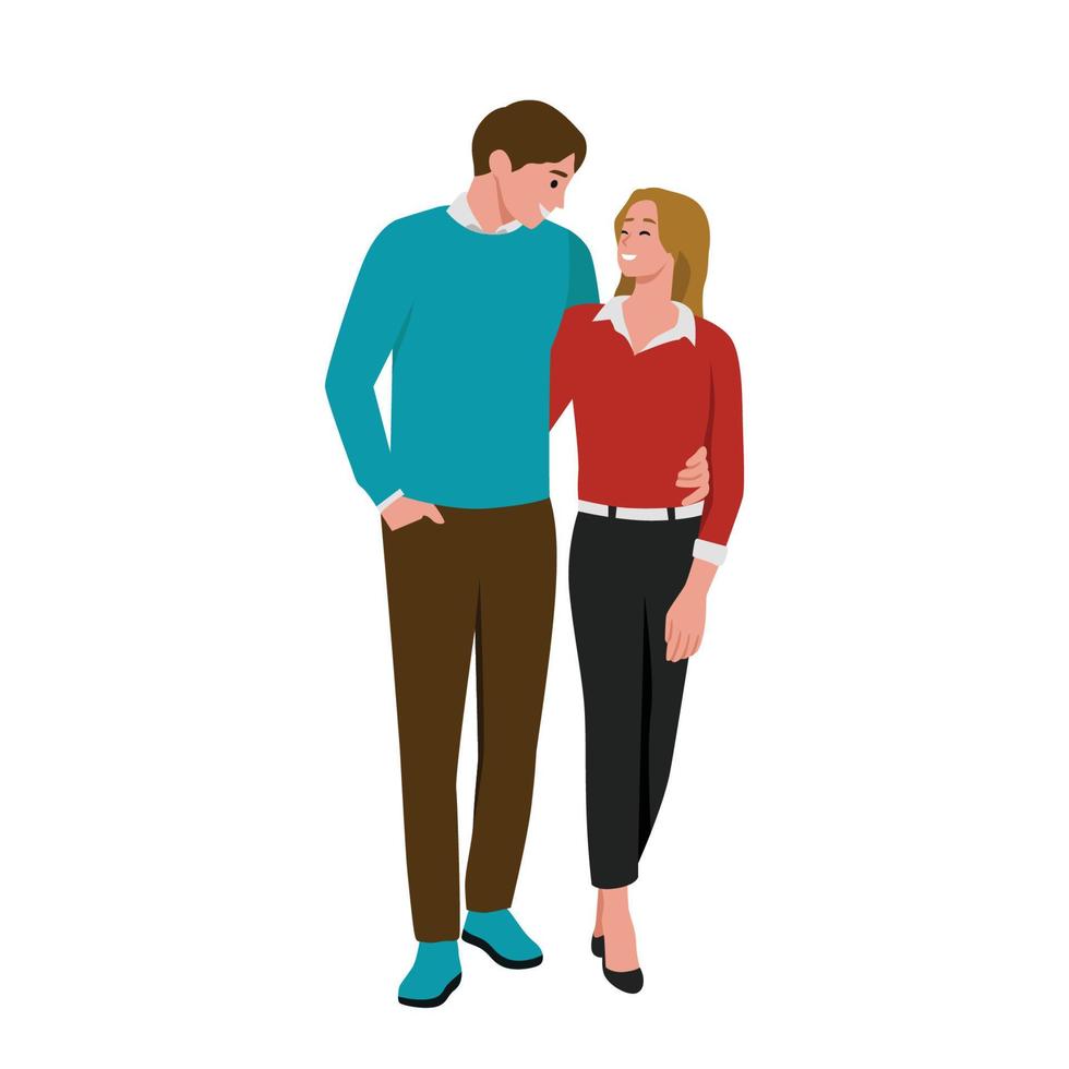 coppie felici nell'amore concetto. una giovane coppia sta camminando, un ragazzo alto con una bella ragazza. illustrazione vettoriale moderna isolata in stile cartone animato.