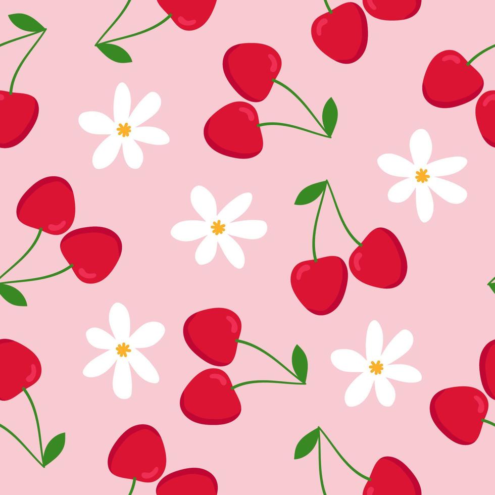 modello senza cuciture ciliegia. ciliegie rosse con foglie verdi e fiori bianchi su sfondo rosa. design piatto. vettore