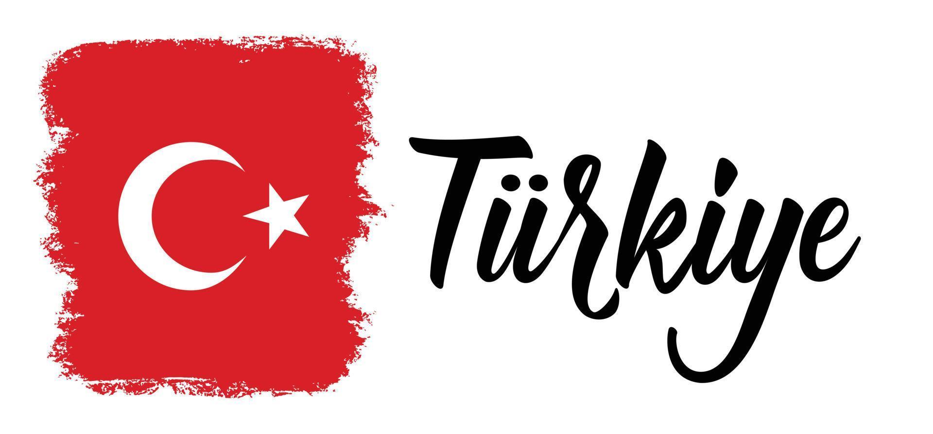 turkiye - turchia - banner con stella bianca e icona a mezzaluna simbolo della bandiera turca su sfondo rosso grunge. nuovo nome, rebranding. semplice disegno vettoriale. prodotto in turchia vettore