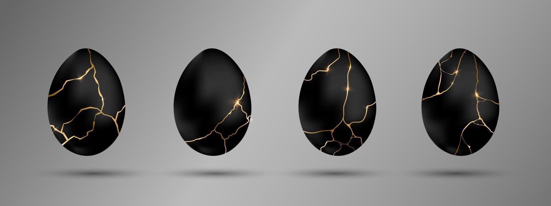 set di uova nere di pasqua. uova di lusso con diverse linee sottili d'oro kintsugi. vacanze di primavera. illustrazione vettoriale realistica. per biglietti di auguri, promozioni, poster, volantini, banner, social media