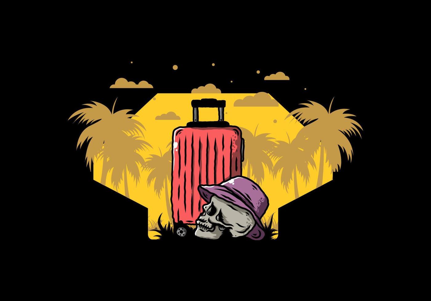 testa del cranio che indossa un cappello sotto un'illustrazione della valigia da viaggio vettore