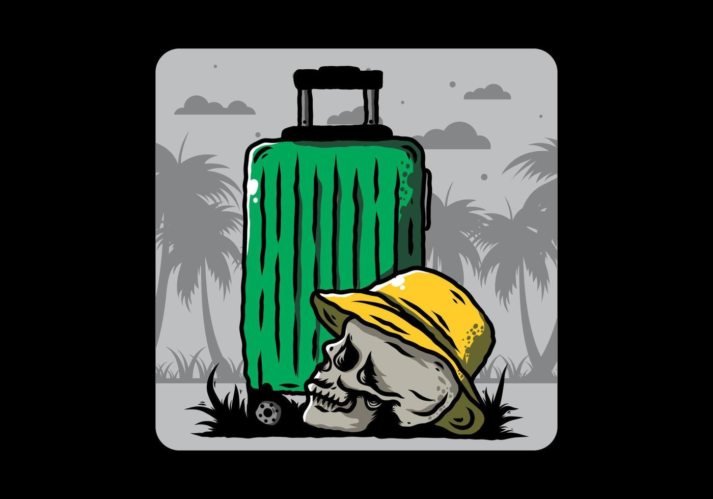 testa del cranio che indossa un cappello sotto un'illustrazione della valigia da viaggio vettore