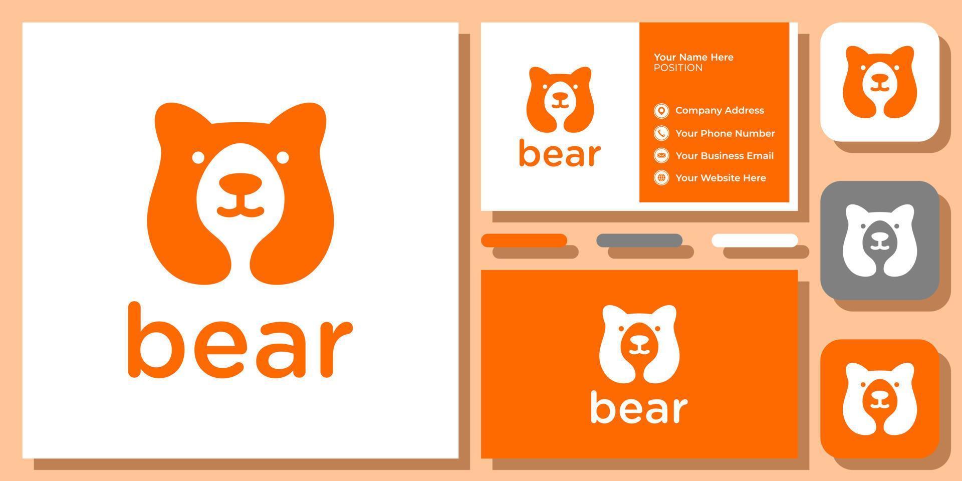 semplice testa di orso negativo spazio astratto fauna logo piatto design con modello di biglietto da visita vettore