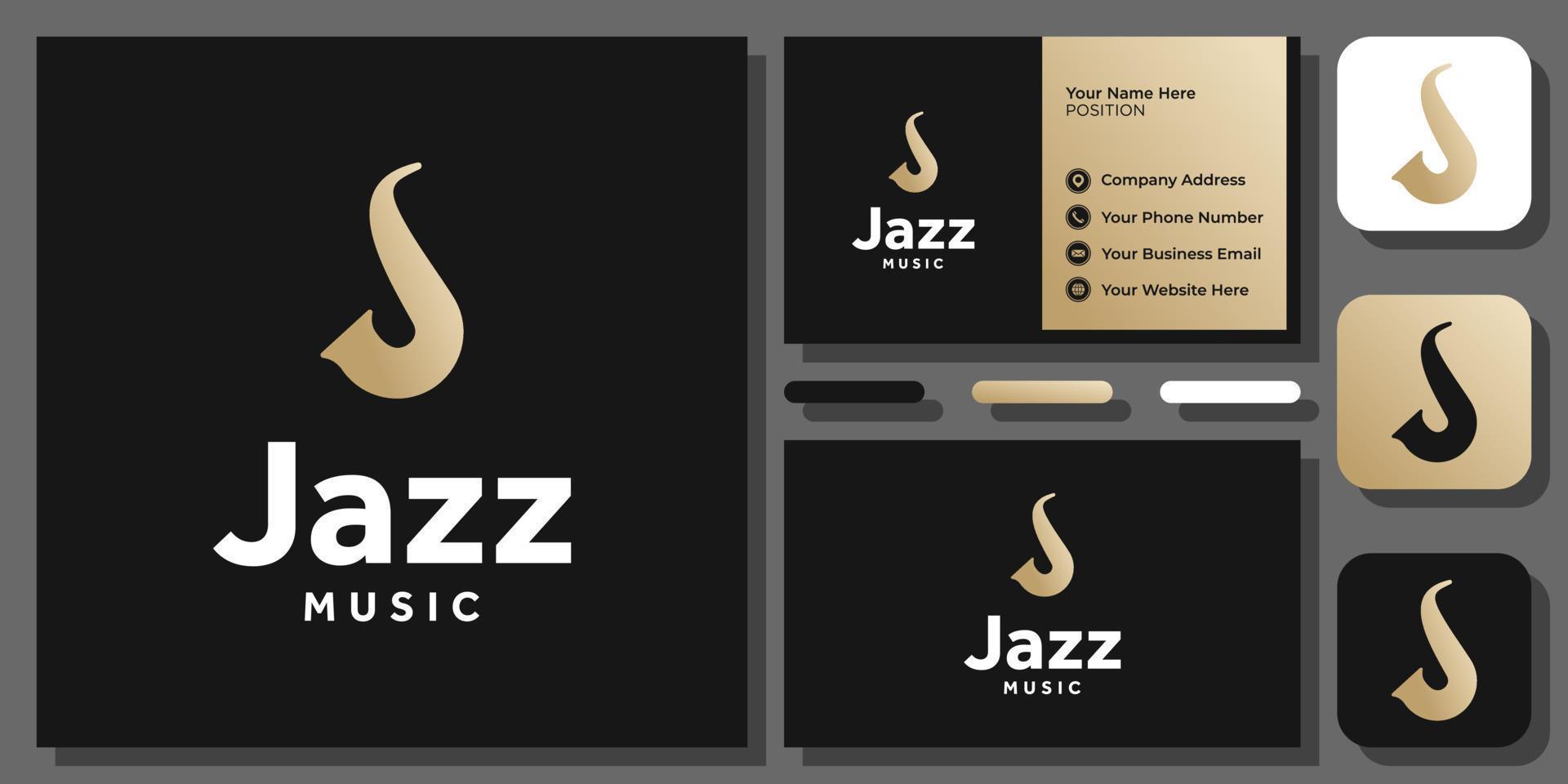 lettera iniziale j sassofono musica jazz musicale oro lusso logo vettoriale design con biglietto da visita