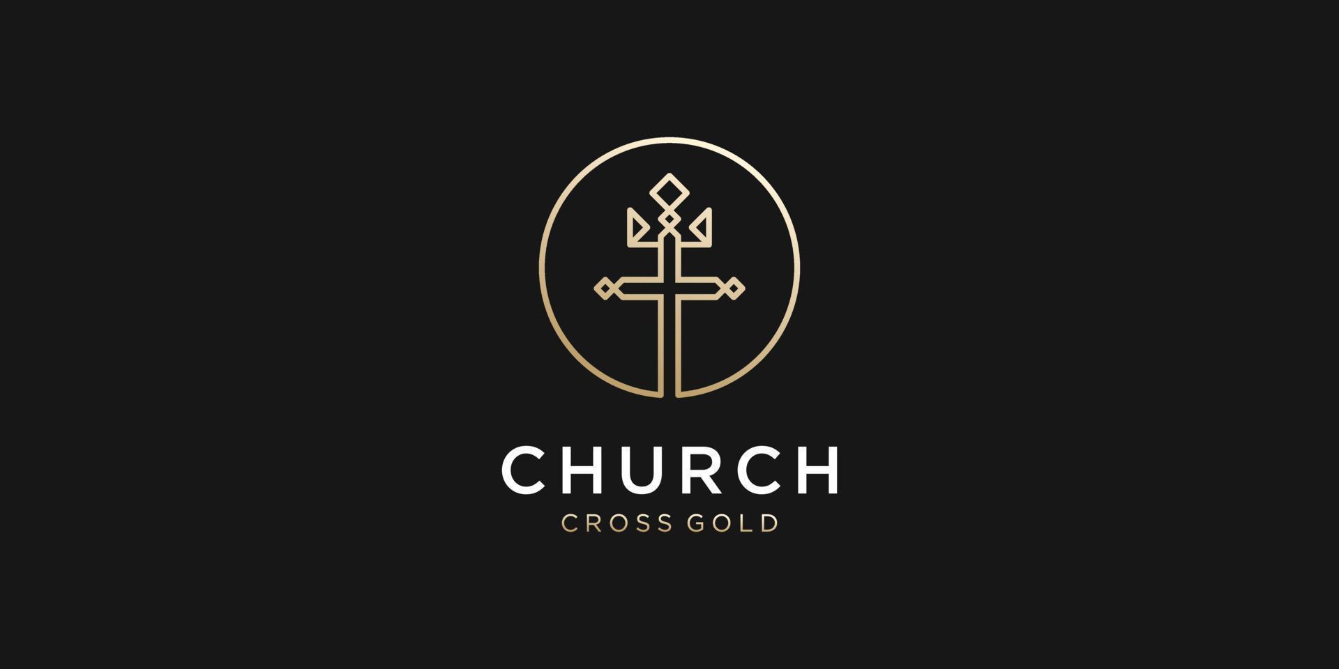 chiesa croce oro con corona d'oro elegante lusso cristian religione fede re vettore logo design