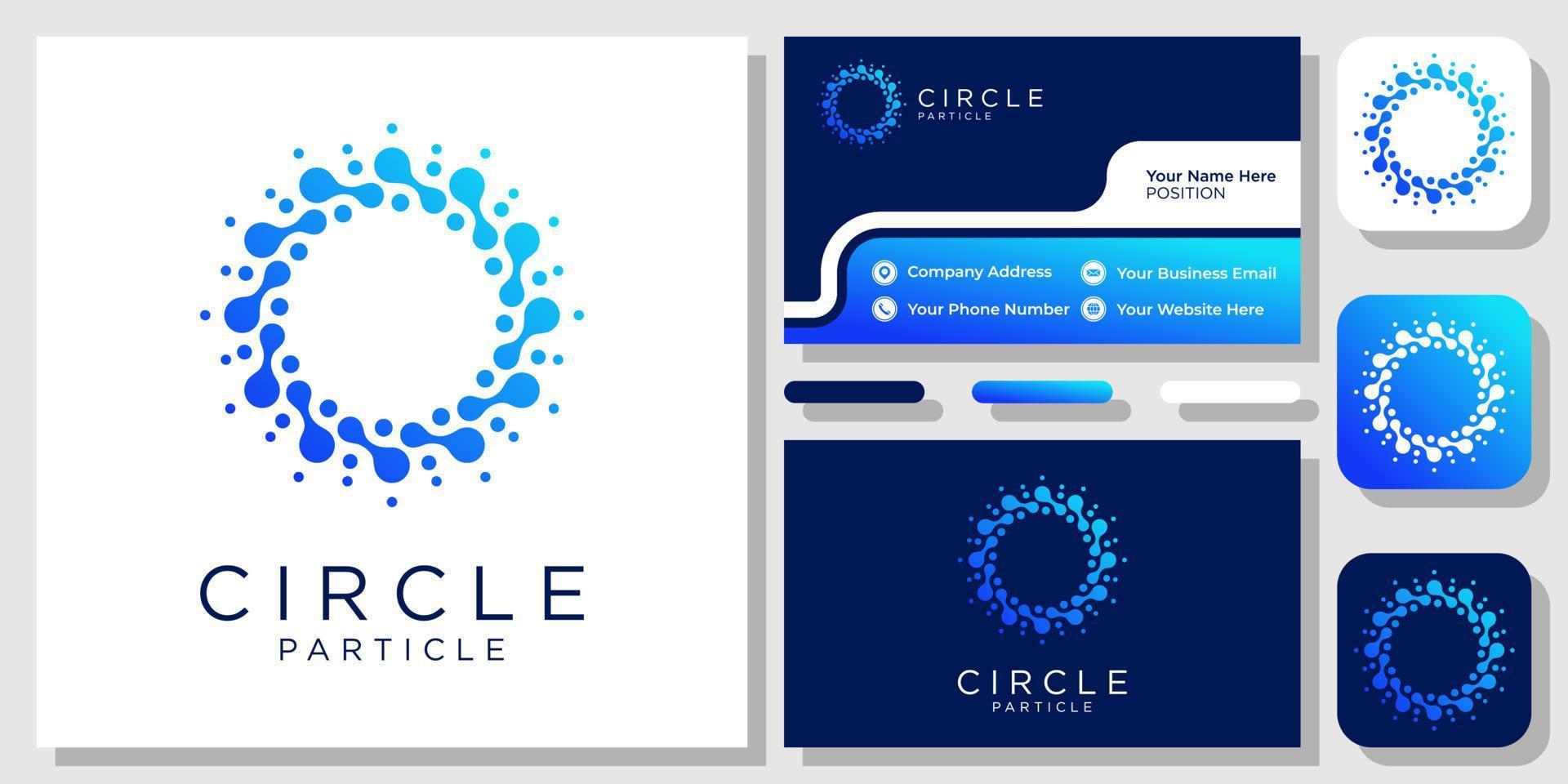 disegno del logo dell'icona dell'atomo digitale dei dati di connessione della tecnologia delle particelle del cerchio con il modello del biglietto da visita vettore