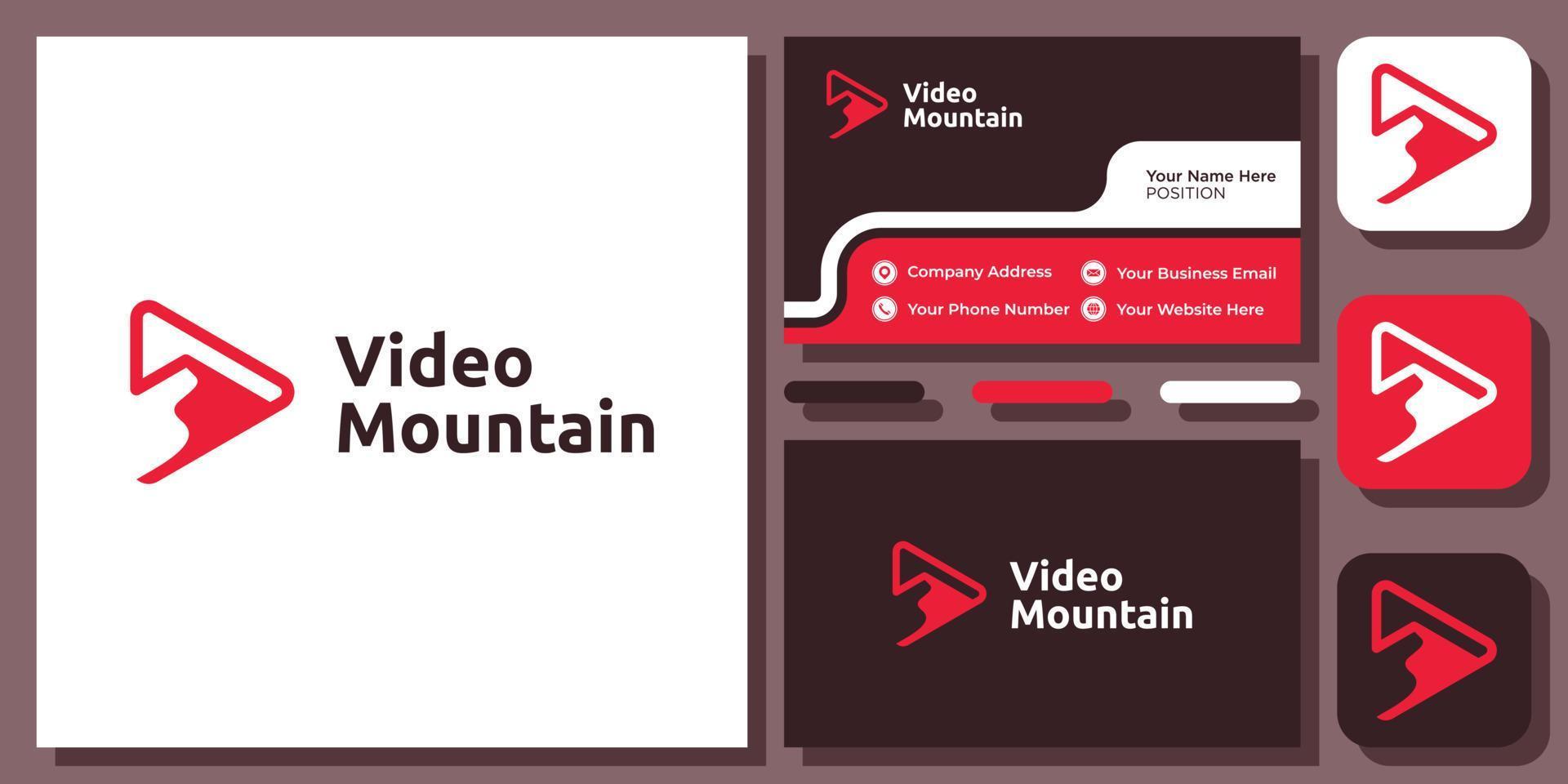 pulsante di riproduzione picco video di montagna film d'avventura paesaggio cinema logo vettoriale design con biglietto da visita