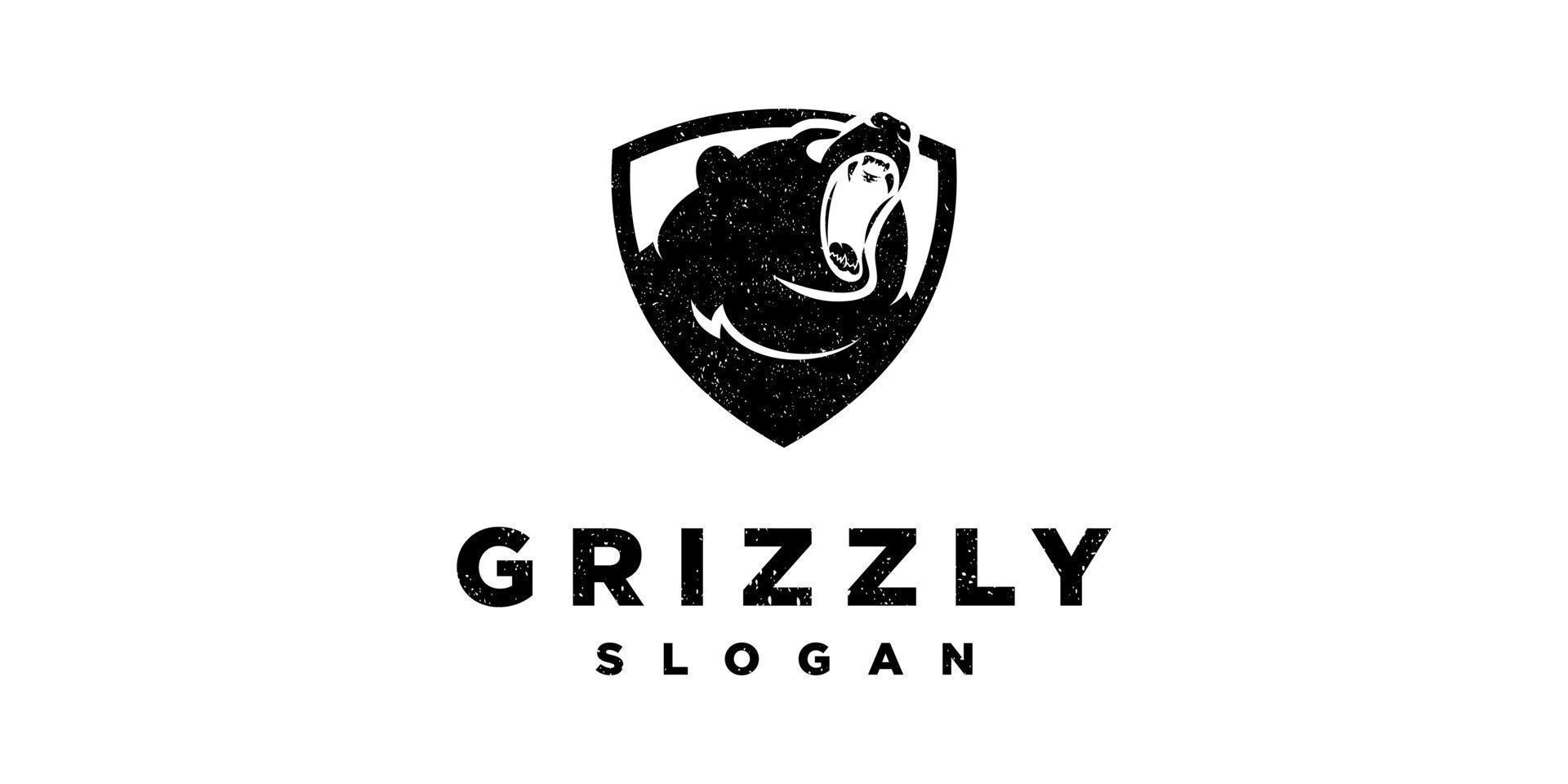 Orso grizzly testa animale illustrazione arrabbiato mascotte forte con scudo simbolo di sicurezza logo vettoriale design