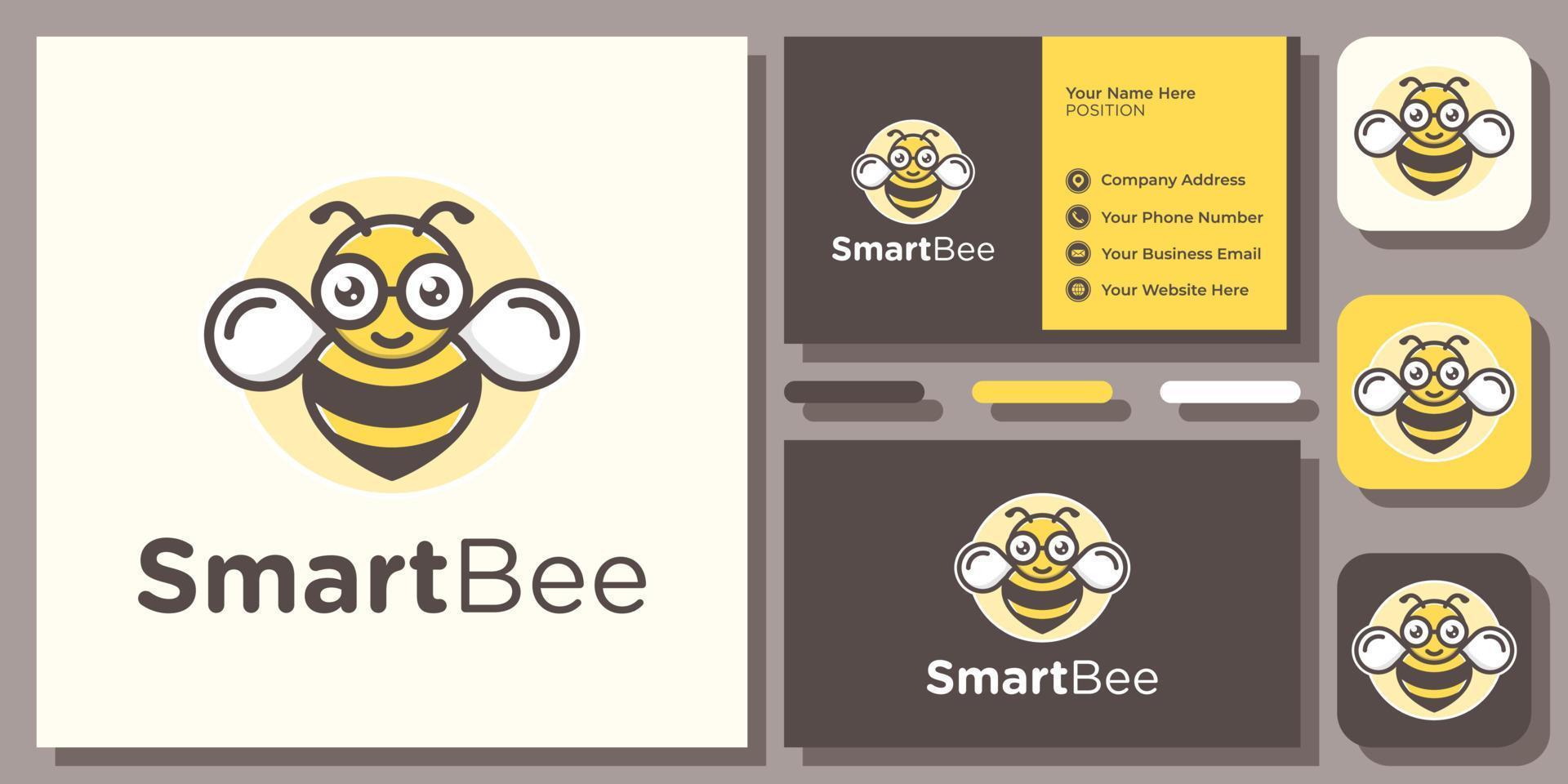 carino smart bee occhiali cartone animato animale insetto miele alveare logo design con modello di biglietto da visita vettore