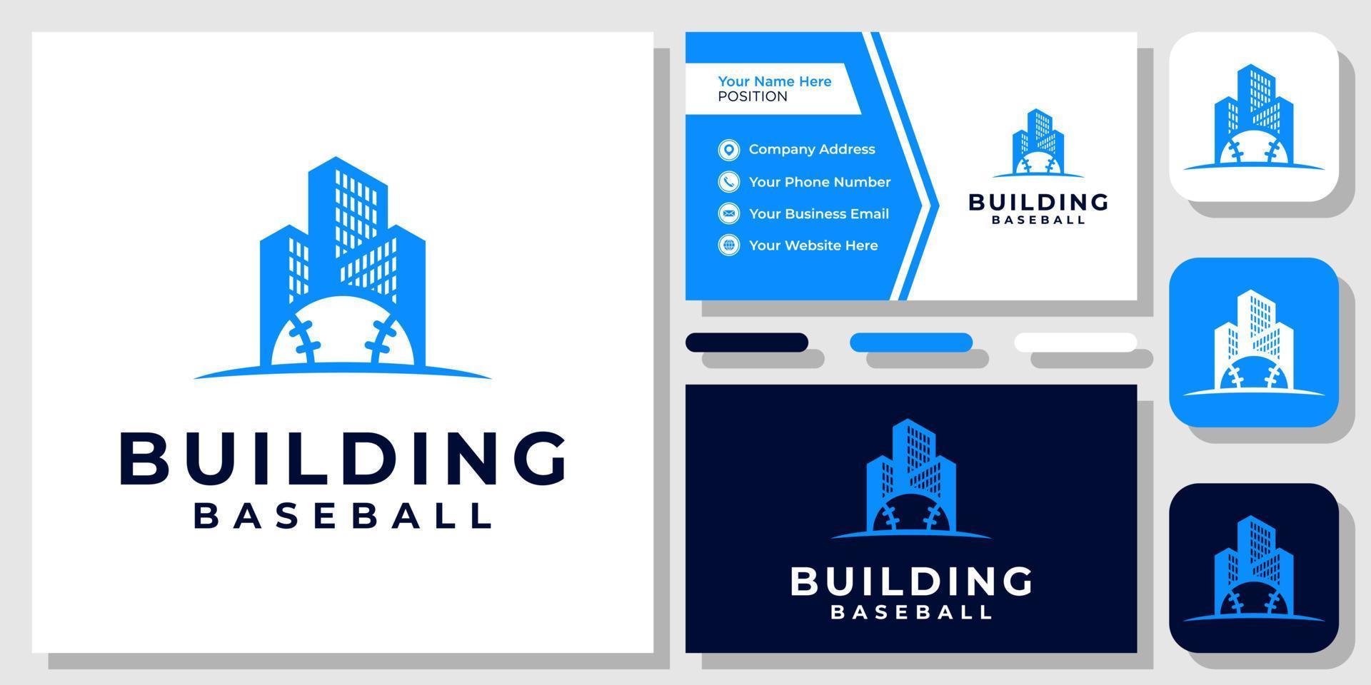 edifici palla baseball appartamento sport campo architettura logo design con modello di biglietto da visita vettore