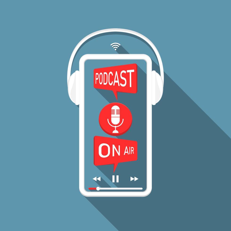 podcast a lunga ombra sul design in onda su smartphone con cuffie, illustrazione di marketing online. vettore