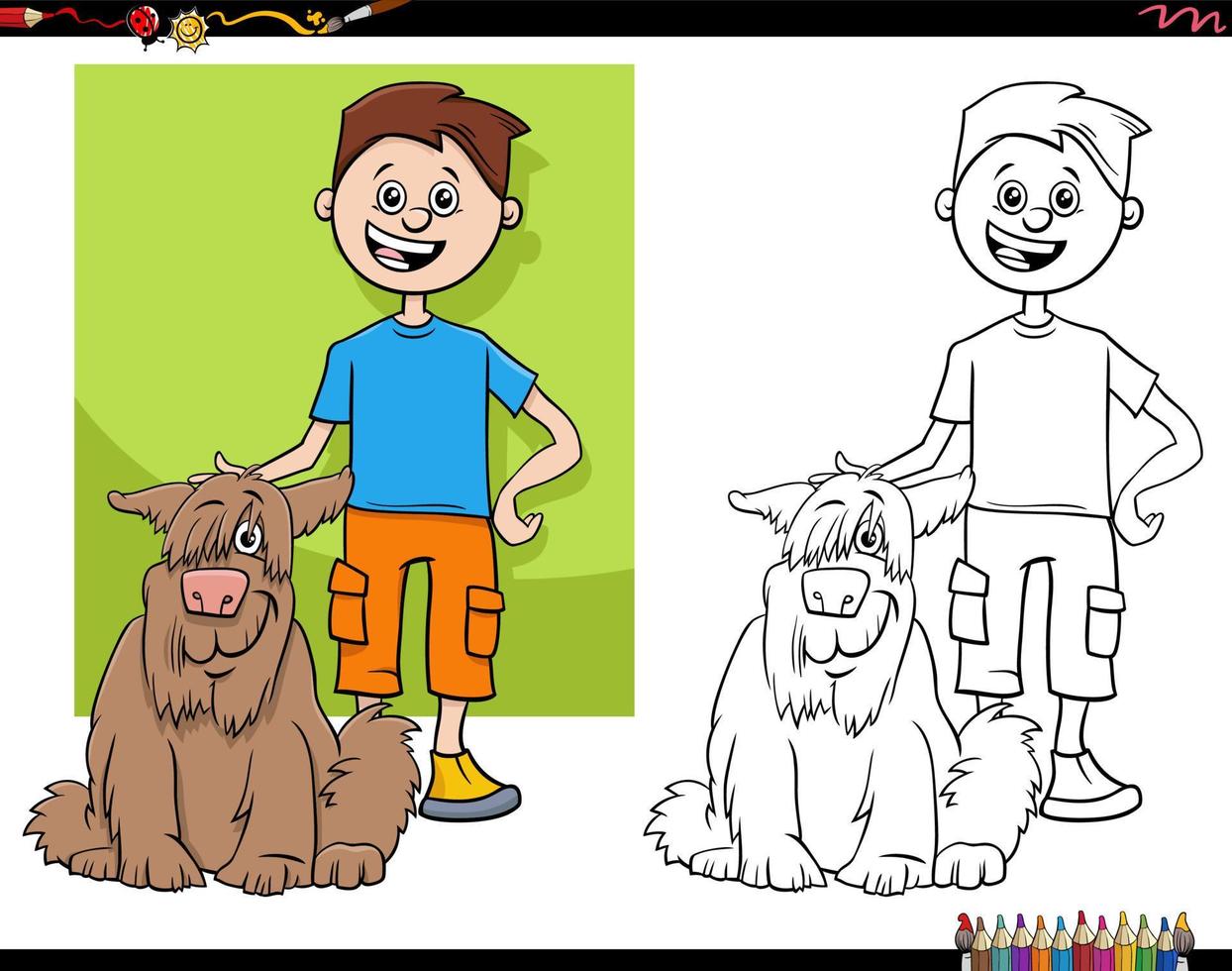 cartone animato ragazzo adolescente e il suo cane da colorare pagina vettore