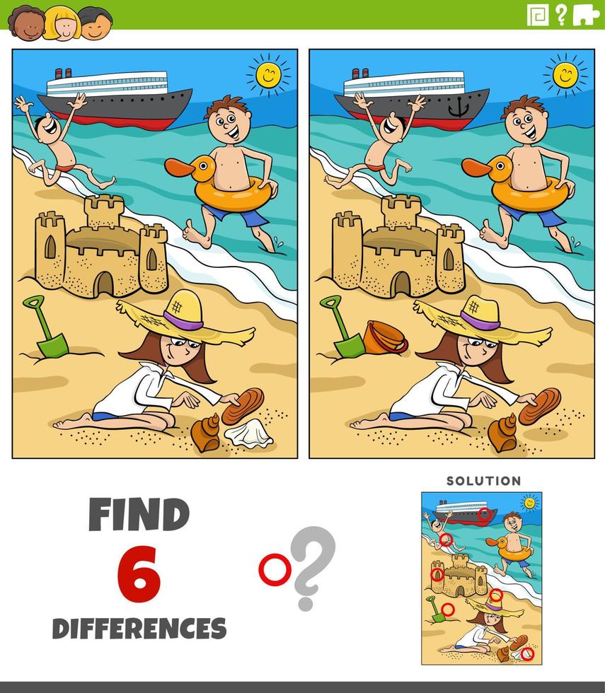gioco delle differenze con i bambini dei cartoni animati adolescenti sulla spiaggia vettore