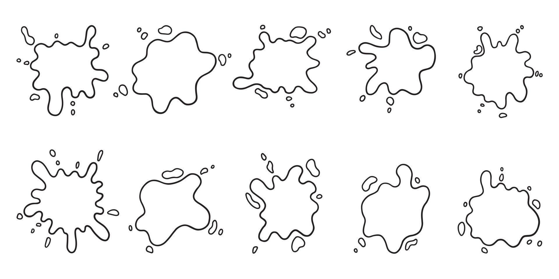 insieme disegnato a mano di schizzi di vernice doodle. diverse forme di schizzi e gocce di vernice, macchie di inchiostro. illustrazione vettoriale isolato su sfondo bianco.