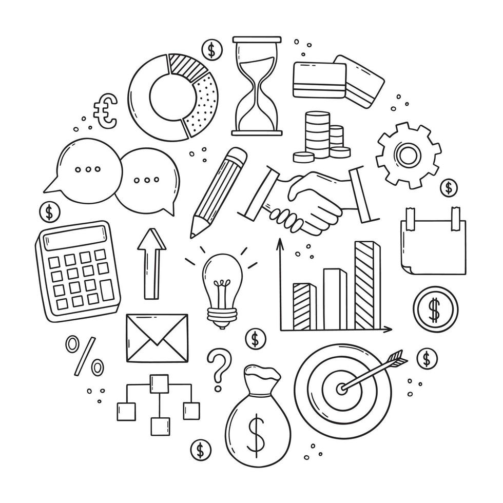 insieme disegnato a mano di affari e finanza doodle. diagrammi, denaro, calendario, stretta di mano, calcolatrice in stile schizzo. illustrazione vettoriale isolato su sfondo bianco.