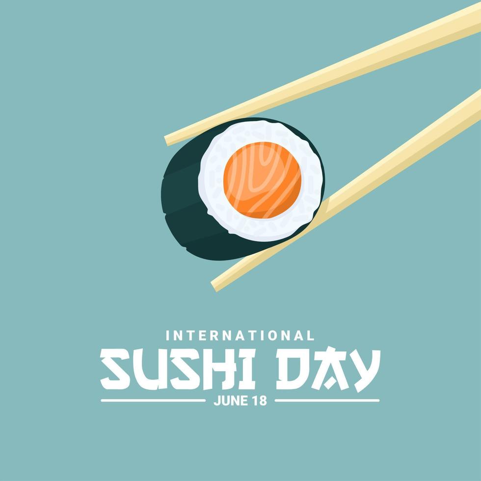 illustrazione vettoriale, un pezzo di sushi sulle bacchette, come banner, poster o modello, giornata internazionale del sushi. vettore