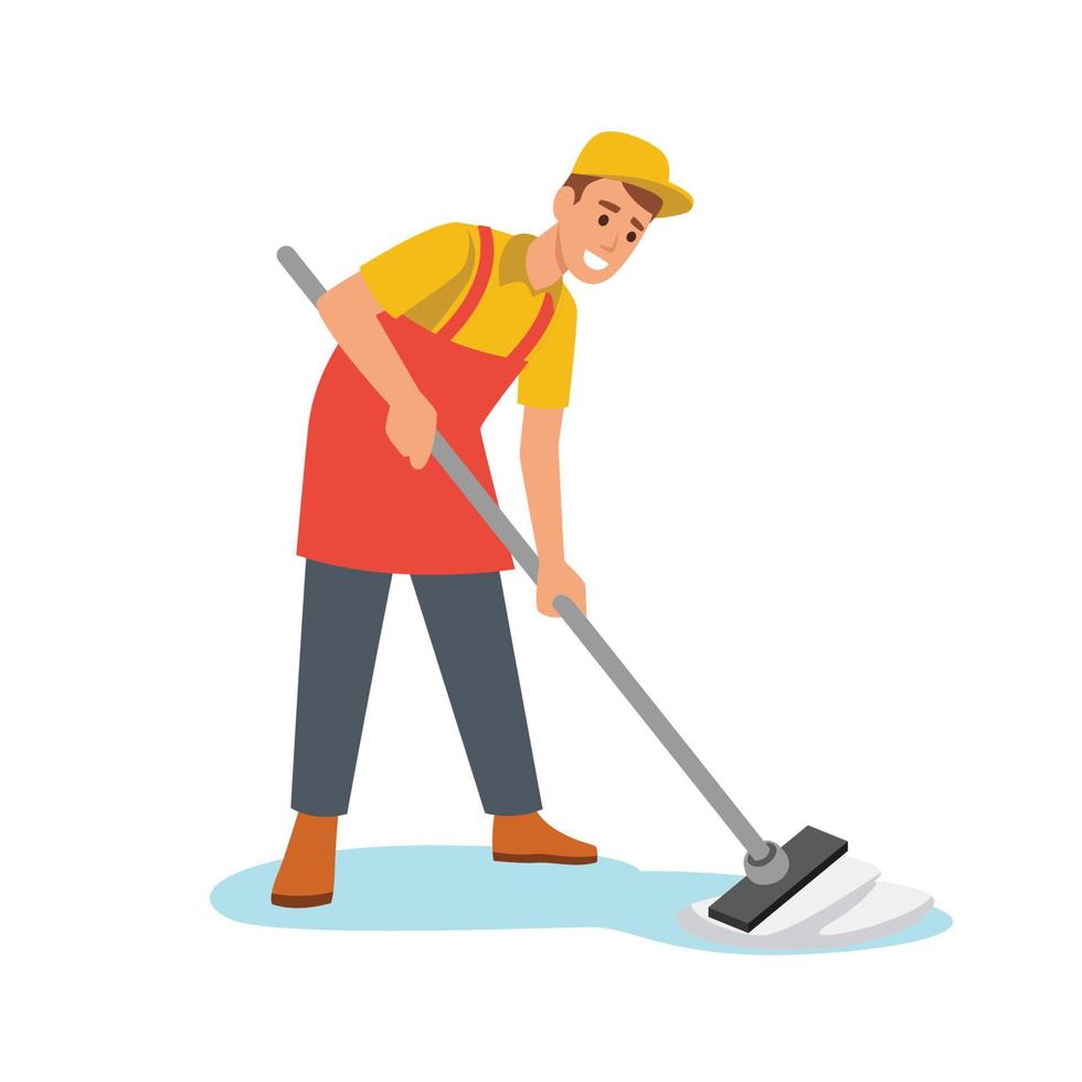 uomo con mocio che lava il pavimento, servizio di pulizia addetto alle pulizie professionale in uniforme pulizia in casa vettore