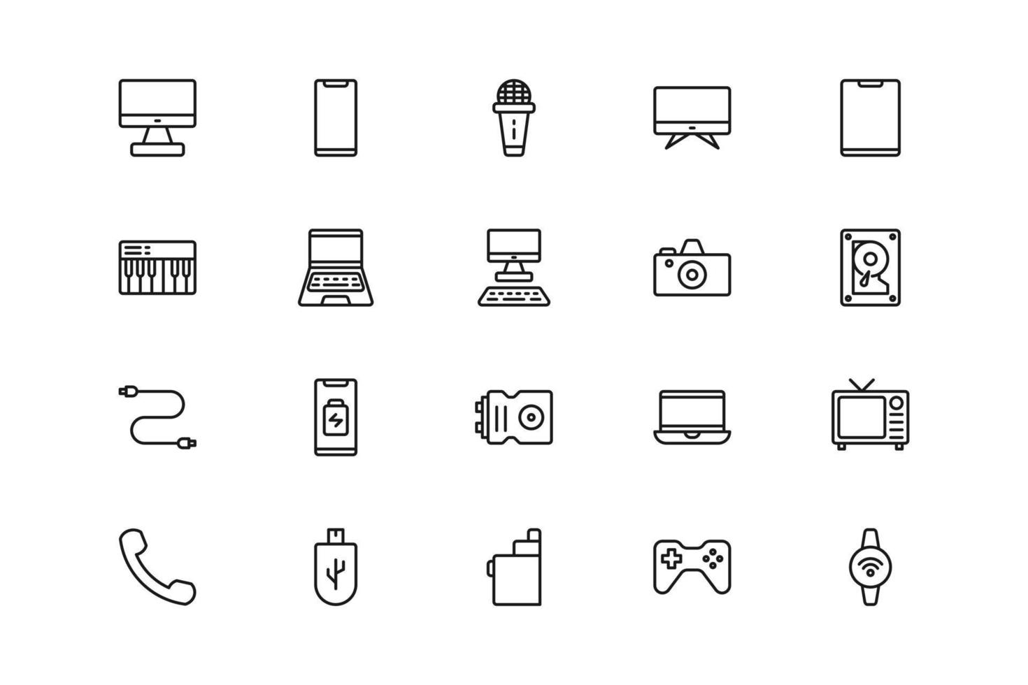 pacchetto di icone vettoriali per dispositivi elettronici in stile contorno