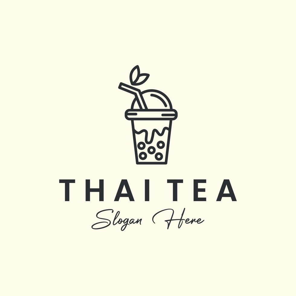 tè tailandese con disegno del modello dell'icona del logo in stile line art. bolla, boba, latte, ghiaccio, illustrazione vettoriale