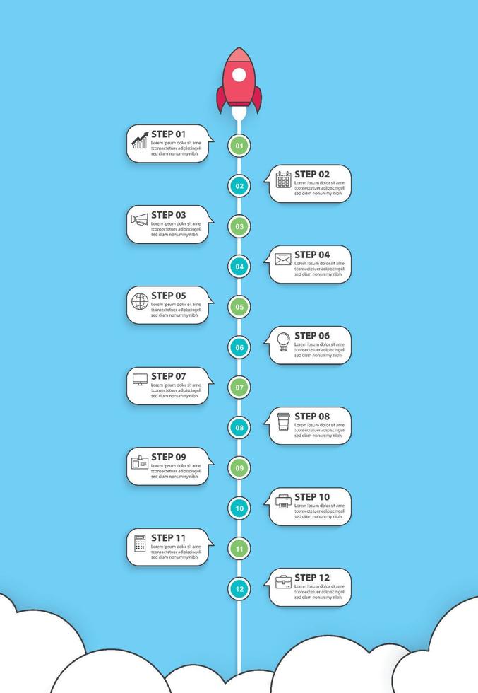 infografica di avvio con 12 modelli di dati a linea sottile. illustrazione vettoriale razzo astratto su sfondo blu.