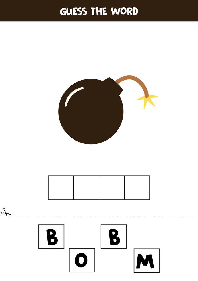 gioco di ortografia per bambini. bomba dei cartoni animati. vettore