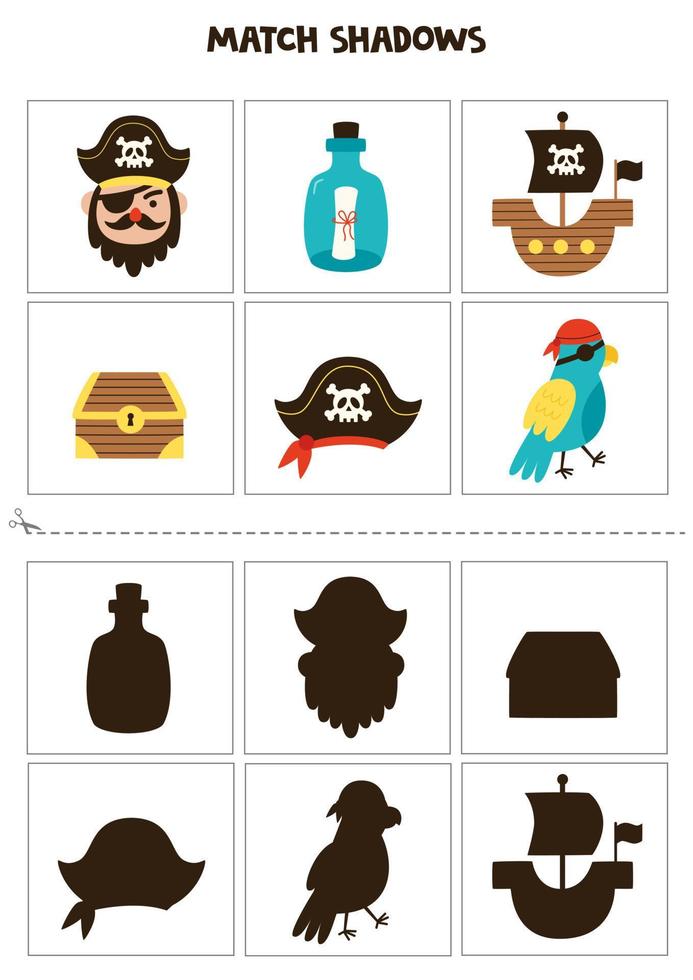 trova le ombre degli elementi dei pirati dei cartoni animati. carte per bambini. vettore