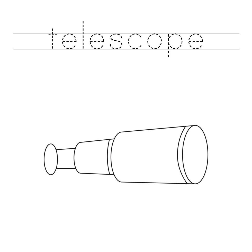 traccia le lettere e colora il telescopio. pratica della scrittura a mano per i bambini. vettore