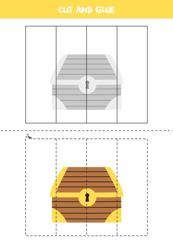 gioco taglia e incolla per bambini. scrigno del tesoro dei cartoni animati. vettore