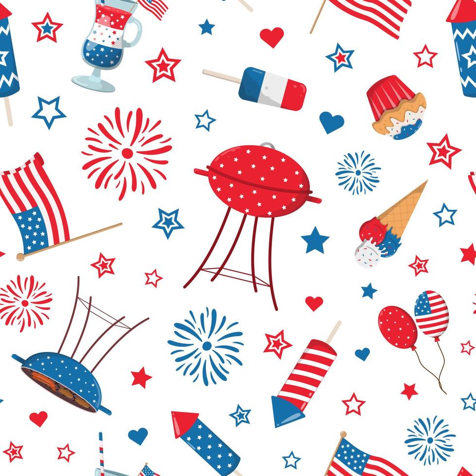 4 luglio, festa barbecue festiva patriottica senza cuciture. Isolato su uno sfondo bianco. design a tema festa dell'indipendenza americana. vettore