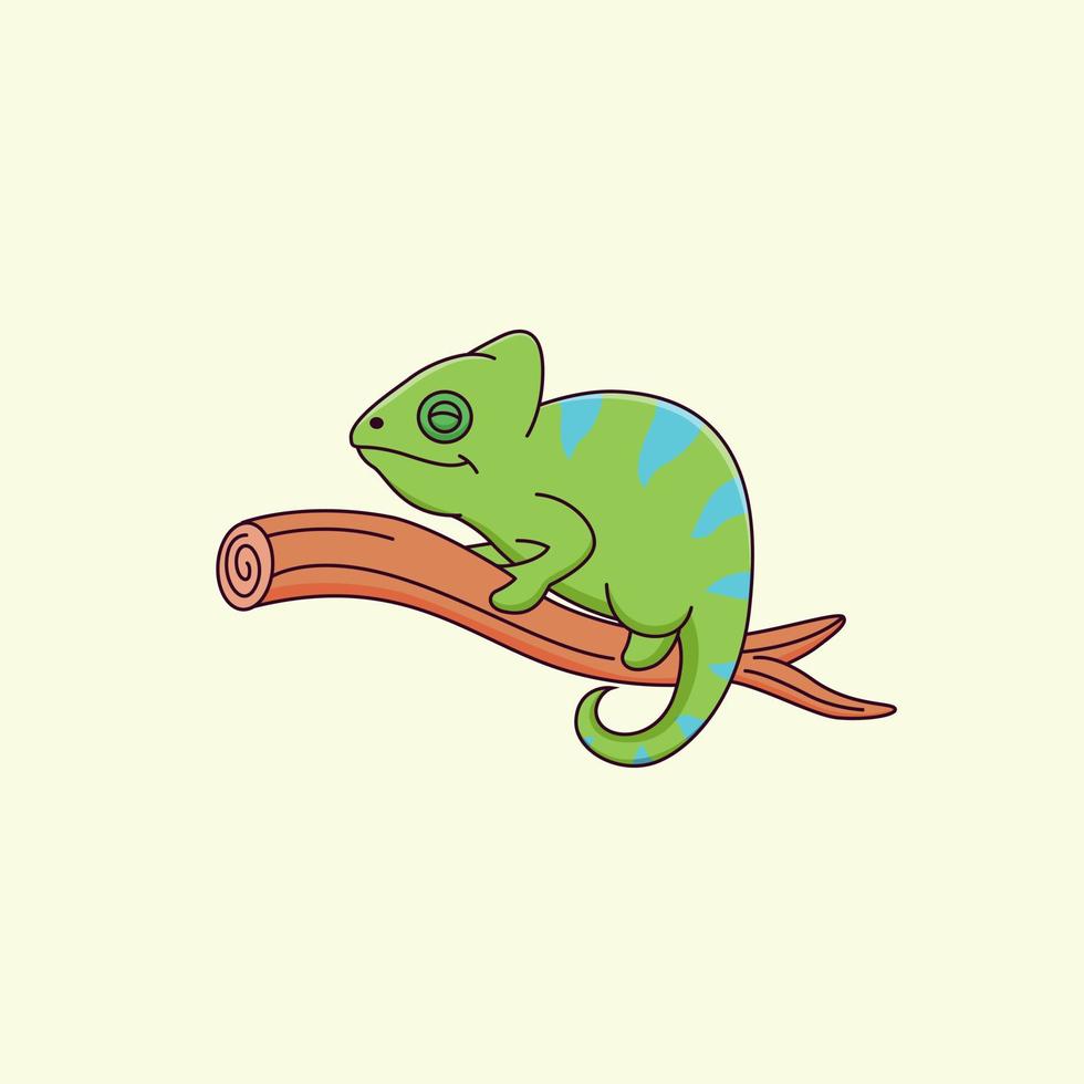 camaleonte sveglio del fumetto che dorme su un ramo. illustrazione animale vettore