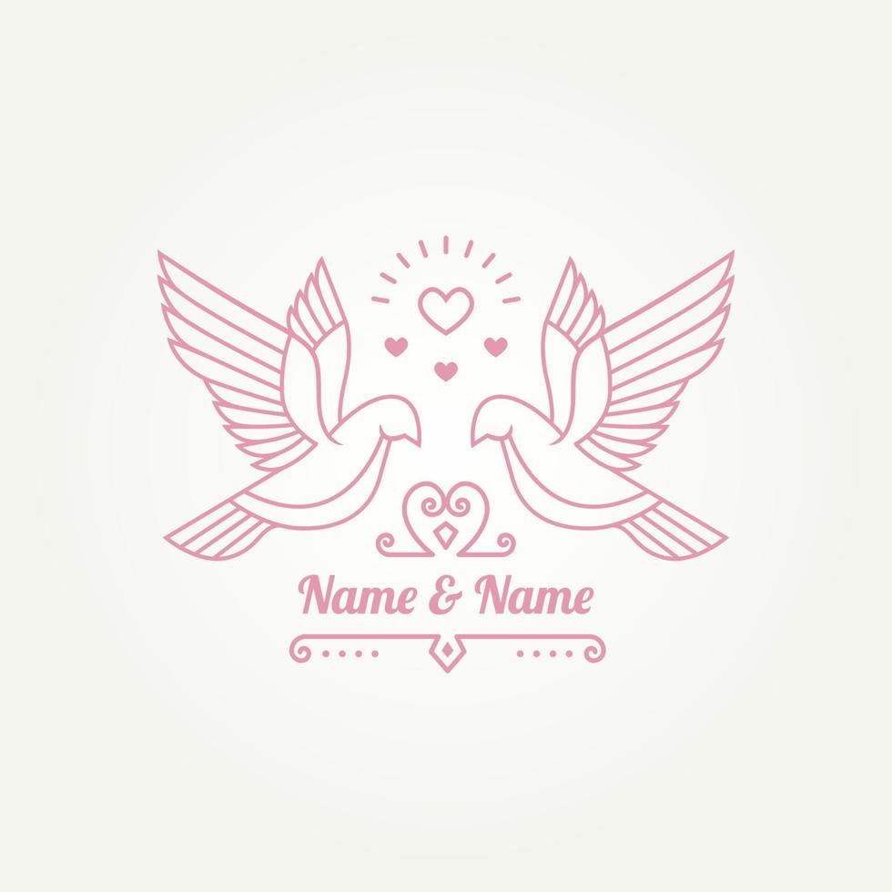 coppia di colombe di uccelli bianchi con disegno di illustrazione vettoriale del modello di logo semplice di arte della linea del cuore brillante. matrimonio, matrimonio, concetto di logo romantico