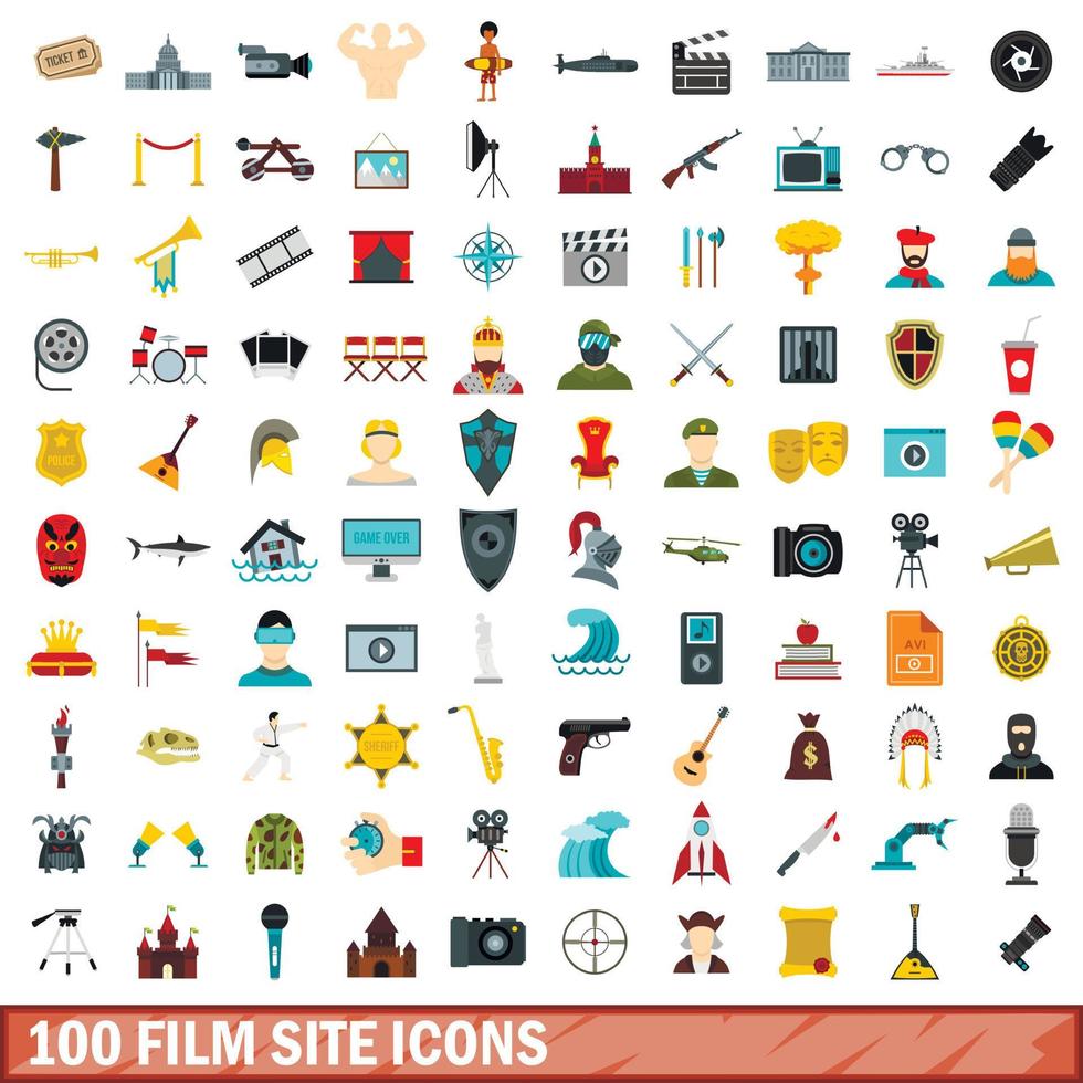 100 set di icone del sito del film, stile piatto vettore