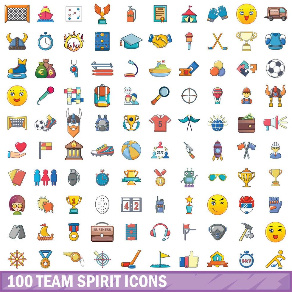 100 icone dello spirito di squadra impostate, stile cartone animato vettore