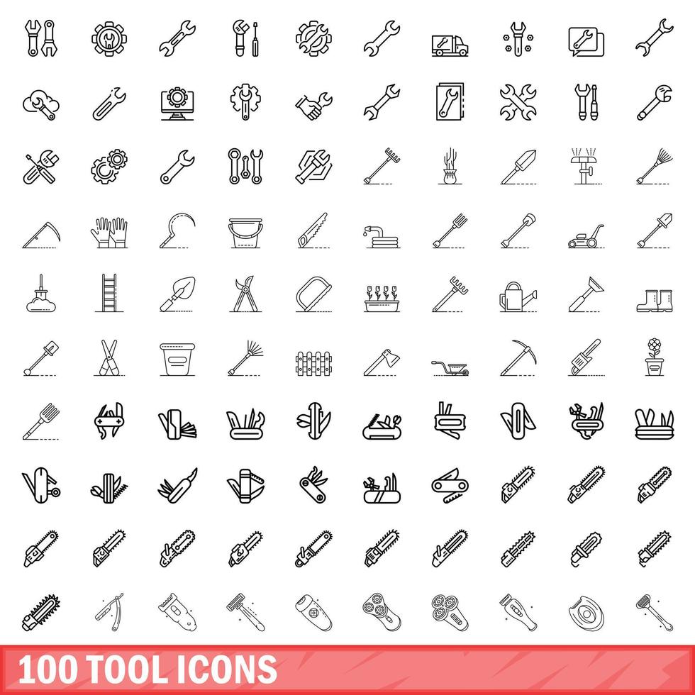 100 icone degli strumenti impostate, stile contorno vettore