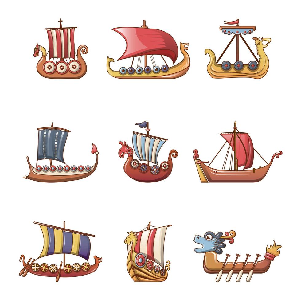 set di icone drakkar nave vichinga barca, stile cartone animato vettore
