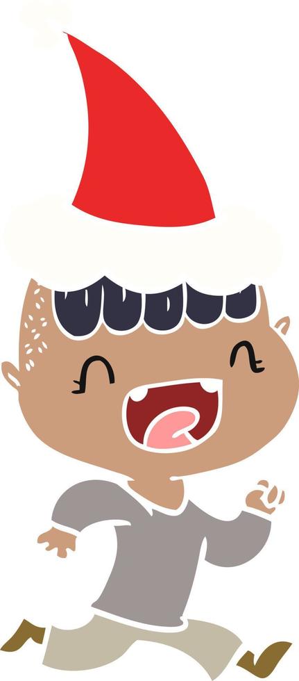 illustrazione a colori piatta di un ragazzo felice che ride e scappa indossando il cappello di Babbo Natale vettore