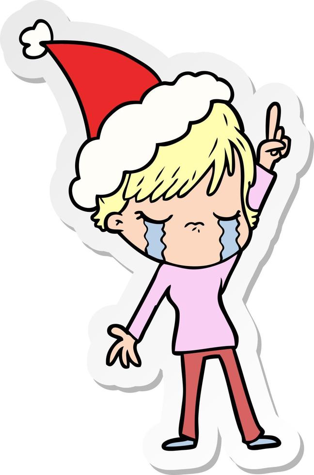 adesivo cartone animato di una donna che piange con indosso il cappello di Babbo Natale vettore