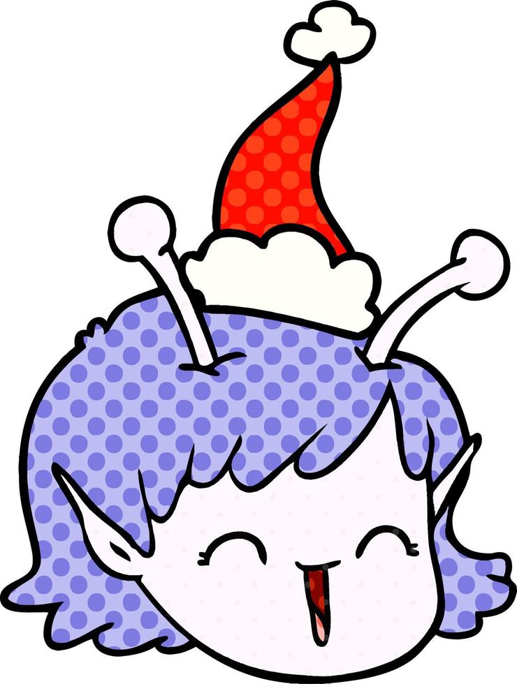 illustrazione in stile fumetto di una faccia di una ragazza aliena spaziale che indossa un cappello da Babbo Natale vettore